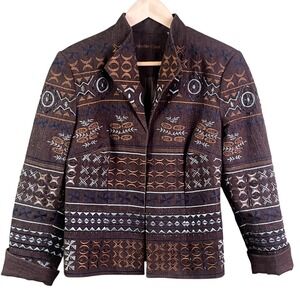 Coldwater Creek Brown Denim Embroidered Bead Aztec Lined Jacket Blazer 10P Read